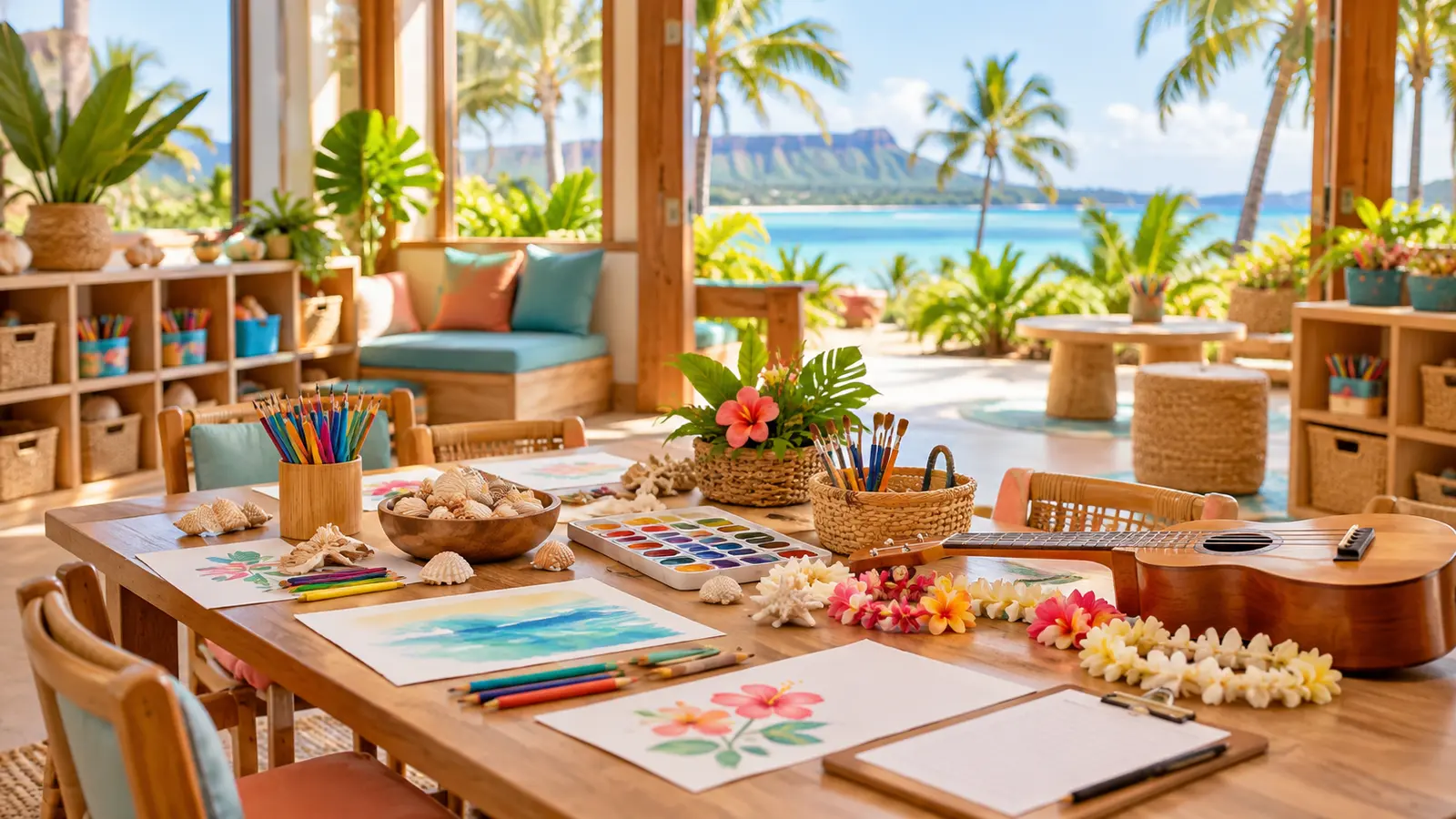 An unbranded tropical resort kids club craft room overlooking palms and a blue lagoon
