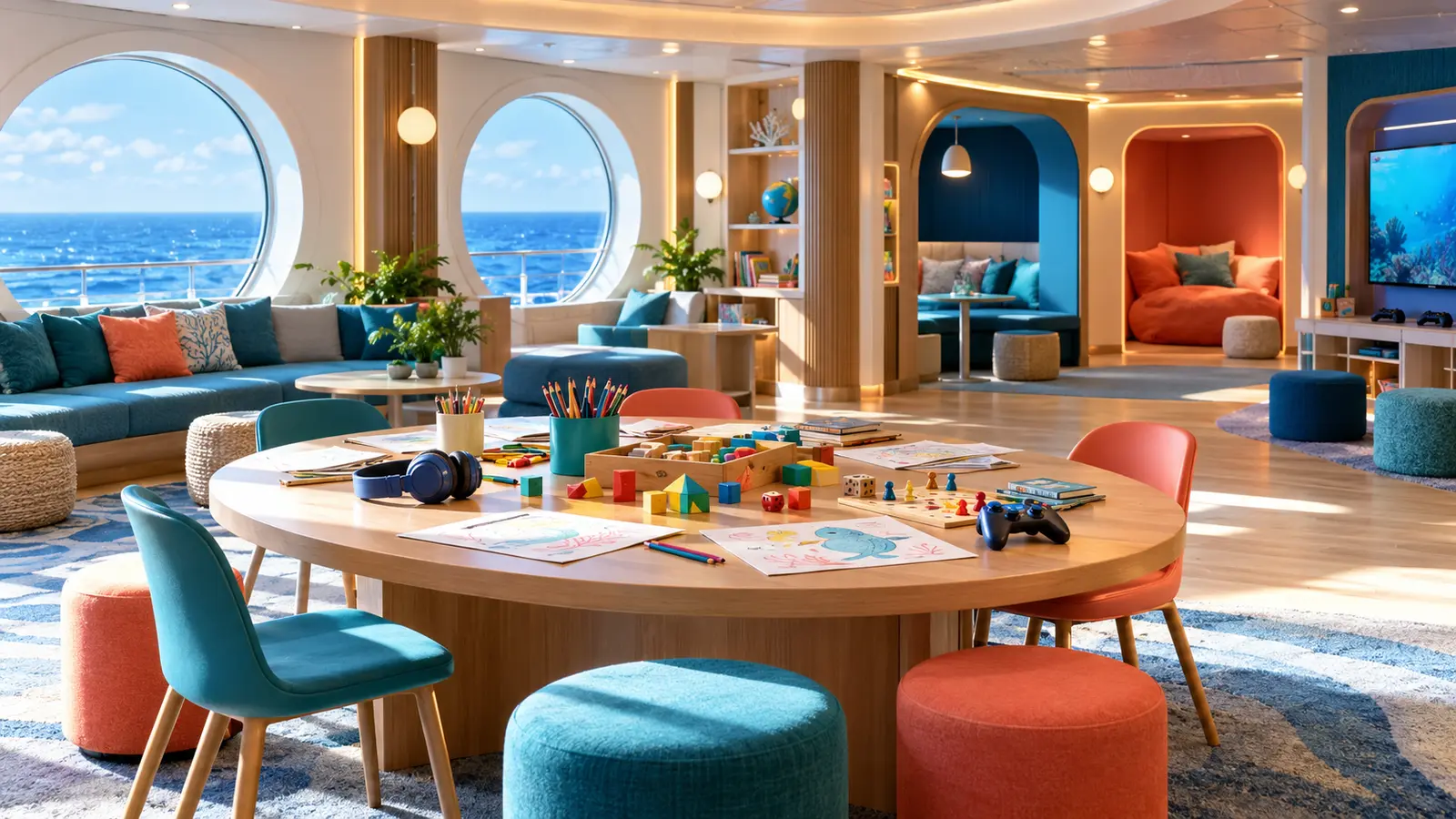 An original unbranded cruise ship youth lounge with art supplies, games and ocean views