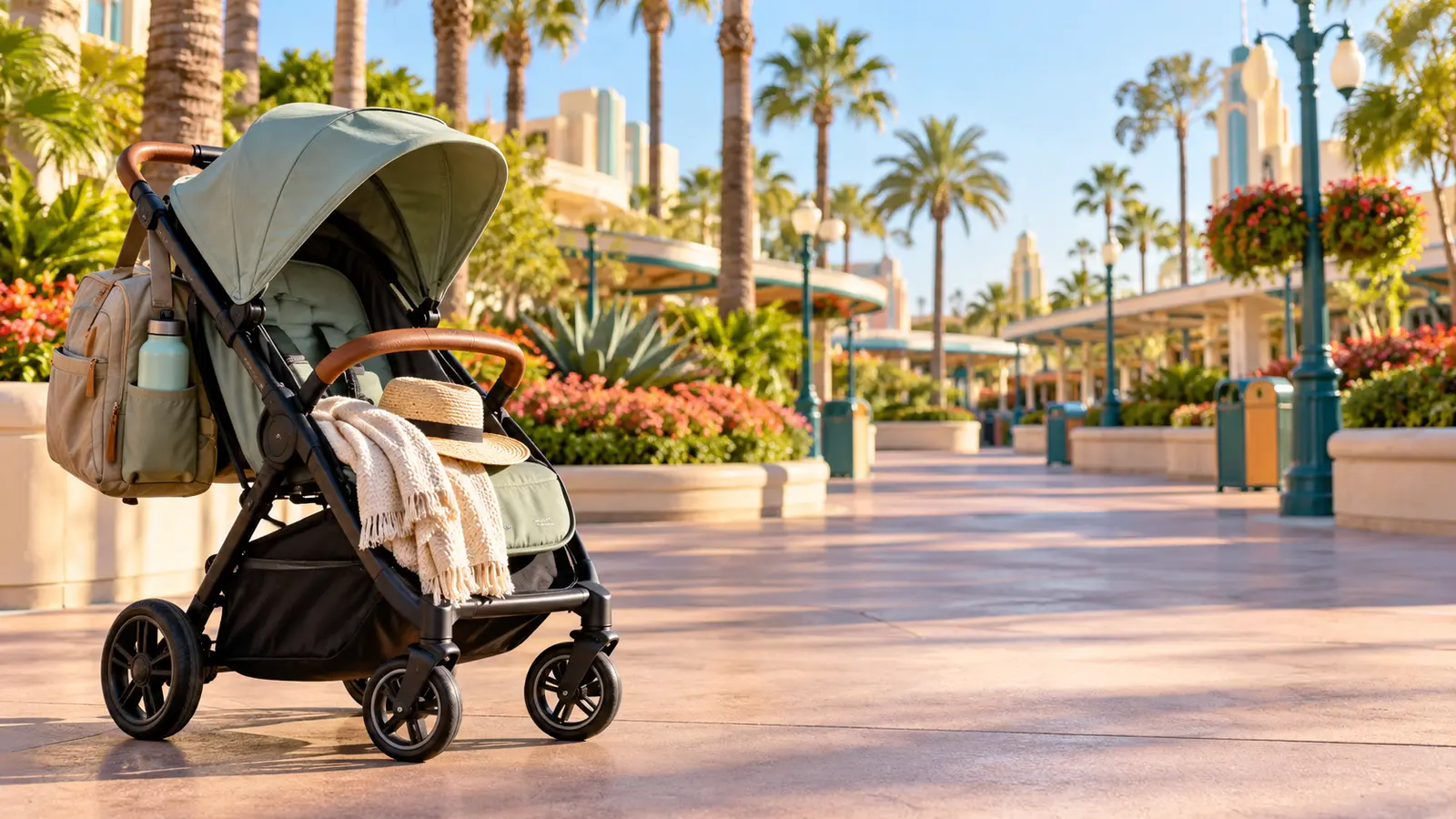 An unbranded compact stroller in a sunny palm-lined Southern California arrival plaza